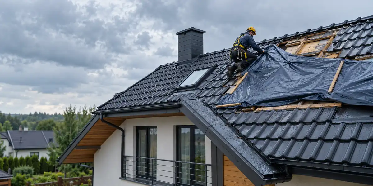 Dekarz zabezpiecza uszkodzony dach po burzy